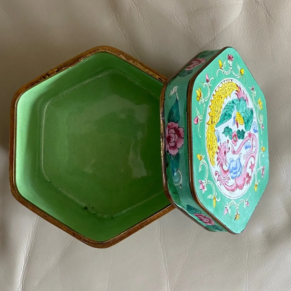 Vintage Chinese Hand Painted Enamel Hexagon Box Dragon / Phoenix Design